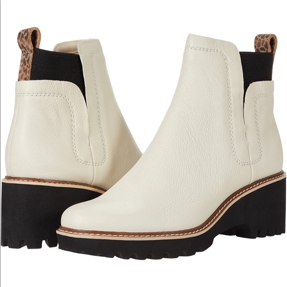 Dolce Vita Ivory Leather Chelsea Lug Heel Boots with Black Elastic